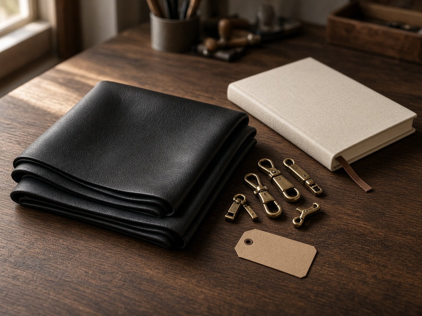 Leather hide, hardware, and a notebook on a worktable